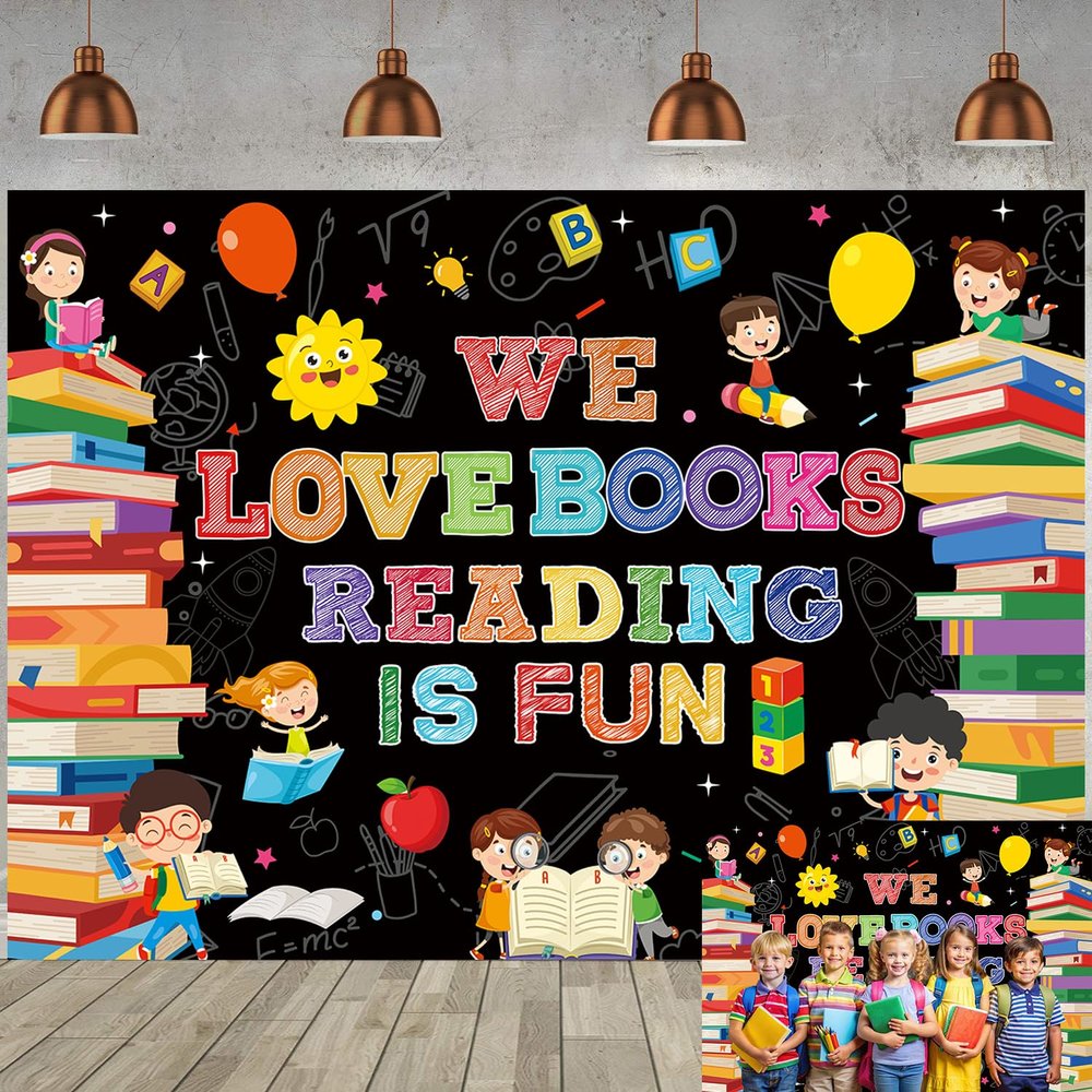 World Book Day Backdrop Happy Reading Day We Love Books Reading is Fun Photography Background Kids Students Classroom Elementary Library Decorations Banner Supplies (Black, 82x59 inch (7x5FT))