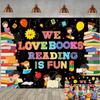 World Book Day Backdrop Happy Reading Day We Love Books Reading is Fun Photography Background Kids Students Classroom Elementary Library Decorations Banner Supplies (Black, 82x59 inch (7x5FT)) view 1