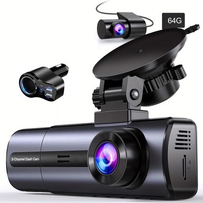 4-in-1 USB-C Car Charger + 4K 3-Channel Dash Cam with 64GB SD Card, Front/Rear 1080P, G-Sensor/Night Vision - Christmas Offer (32GB Card+USB C Car Charger)