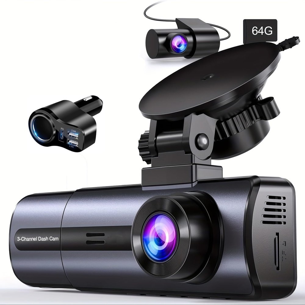 4-in-1 USB-C Car Charger + 4K 3-Channel Dash Cam with 64GB SD Card, Front/Rear 1080P, G-Sensor/Night Vision - Christmas Offer (32GB Card+USB C Car Charger)