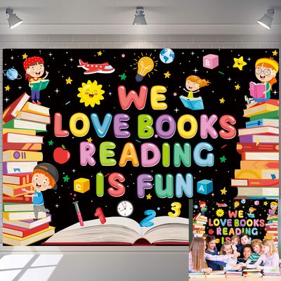 World Book Day Backdrop We Love Books Reading is Fun Photography Background Children Students Classroom Library Party Decorations Banner Supplies (8x6FT)
