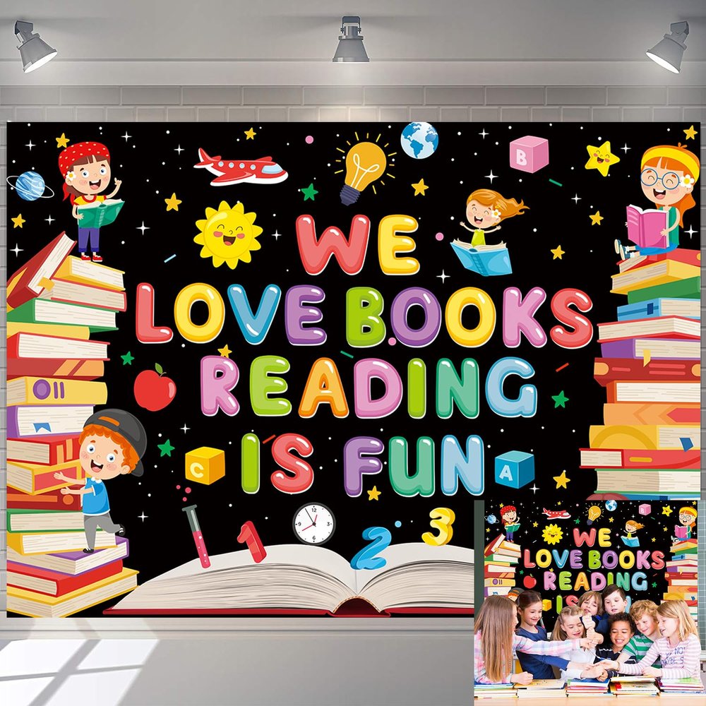 World Book Day Backdrop We Love Books Reading is Fun Photography Background Children Students Classroom Library Party Decorations Banner Supplies (8x6FT)