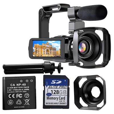 Sacolin Camera 4K Video Camcorder 56Mp Digital Recorder Microphone 128G Card Handheld Stabilizer Lens Hood Tripod 18X Zoom Ir Night Vision 3 Touch Screen 2 Batteries