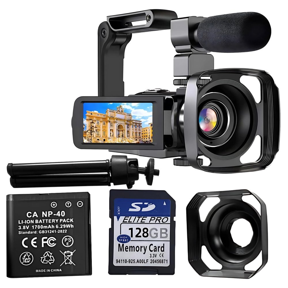 Sacolin Camera 4K Video Camcorder 56Mp Digital Recorder Microphone 128G Card Handheld Stabilizer Lens Hood Tripod 18X Zoom Ir Night Vision 3 Touch Screen 2 Batteries