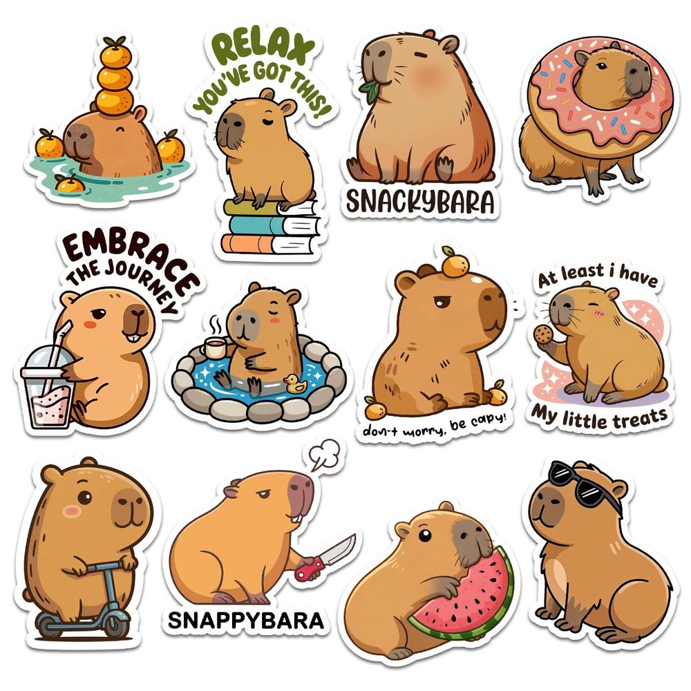 12pcs Capybara Stickers Pack for Kids, Teens & Cute Animal Lovers Funny Aesthetic Vinyl Decals for Water Bottle, Laptop, Journal, Scrapbook, Gift for Capybara Fans 2 Inches
