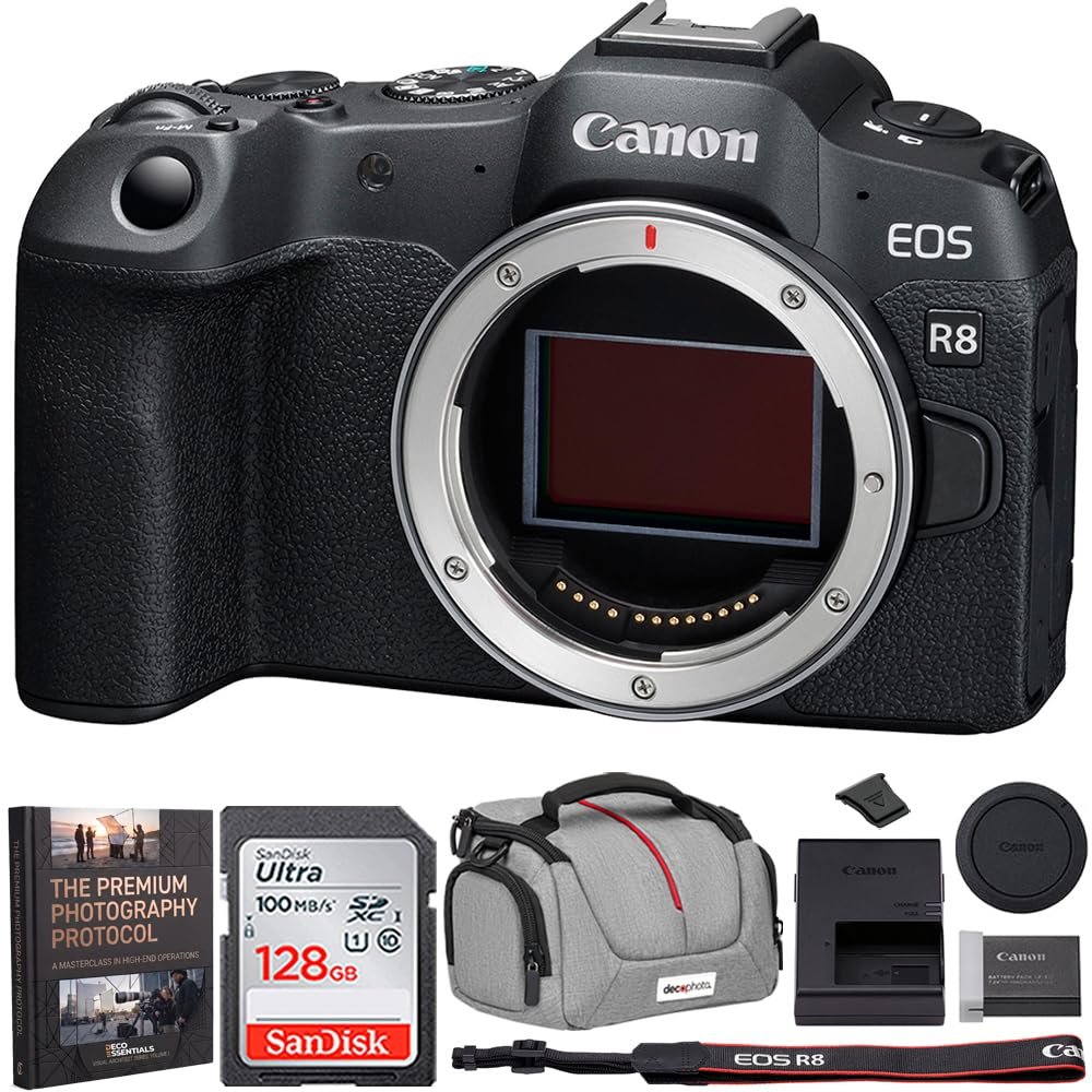 Canon EOS R8 Full Frame Mirrorless Camera Body Only 5803C002 Bundle with Sandisk 128GB Memory Card, Deco Essentials Camera Bag and Deco Essentials Premium Photography Pro Ebook