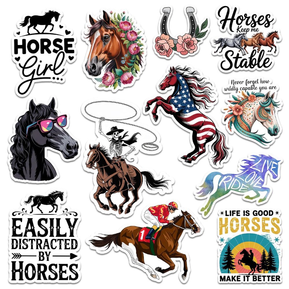 12pcs Horse Stickers Pack for Cowboys, Cowgirls, Riders & Equestrian Lovers Cute Floral, Cowboy, Racing & Pastel Vinyl Decals for Water Bottle, Laptop, Notebook, Gift for Horse Fans 2 Inches