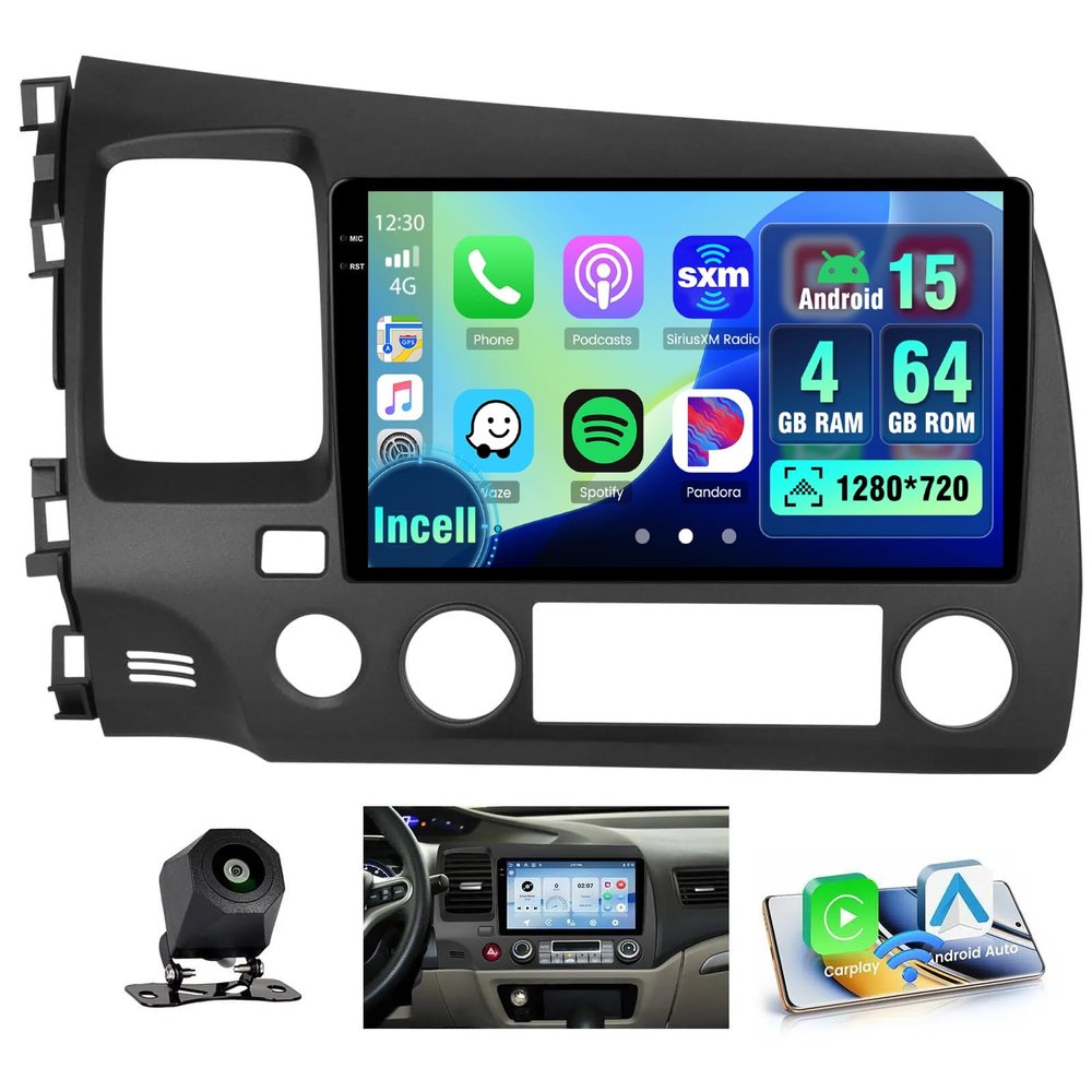 4+64GB Android 15 Car Stereo Radio for Honda Civic 2006-2011 Wireless Carplay Andorid auto 9 '' INCELL Touchscreen Stereo Upgrade GPS WiFi Bluetooth 5.0 FM/RDS EQ-32 SWC Backup Camera
