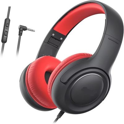 Headphones Wired for School - Over-Ear 85/94dB Volume Limiter, 3.5mm Jack Foldable Stereo Sound Headset for Toddlers Girls Boys Travel Learning Entertainment Tablet Kindle PC, (Black & Red)