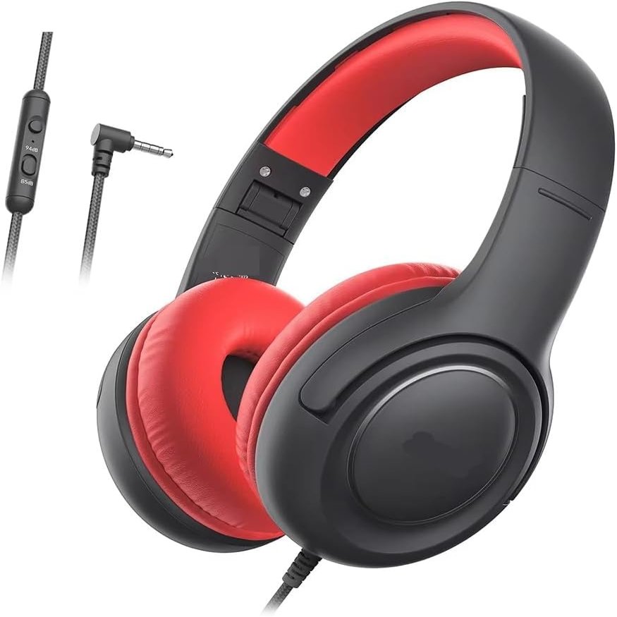 Headphones Wired for School - Over-Ear 85/94dB Volume Limiter, 3.5mm Jack Foldable Stereo Sound Headset for Toddlers Girls Boys Travel Learning Entertainment Tablet Kindle PC, (Black & Red)