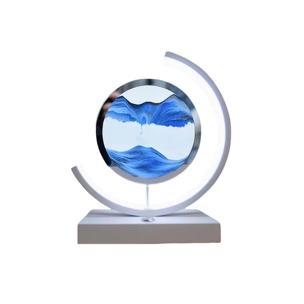 Cordore 3D Moving Sand Art Desk Lamp 3D Moving Sand Art Rotating Hourglass Decoration Creative Art Creative Sea Glass Quicksand Painting Night Light (Blue White, Plug-in Style)