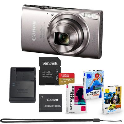 Canon PowerShot ELPH 360 HS A Digital Camera Bundle (Silver) + Sandisk 128GB Extreme Micro SD Card & Photo/Video Editing Software Package (8 Items)