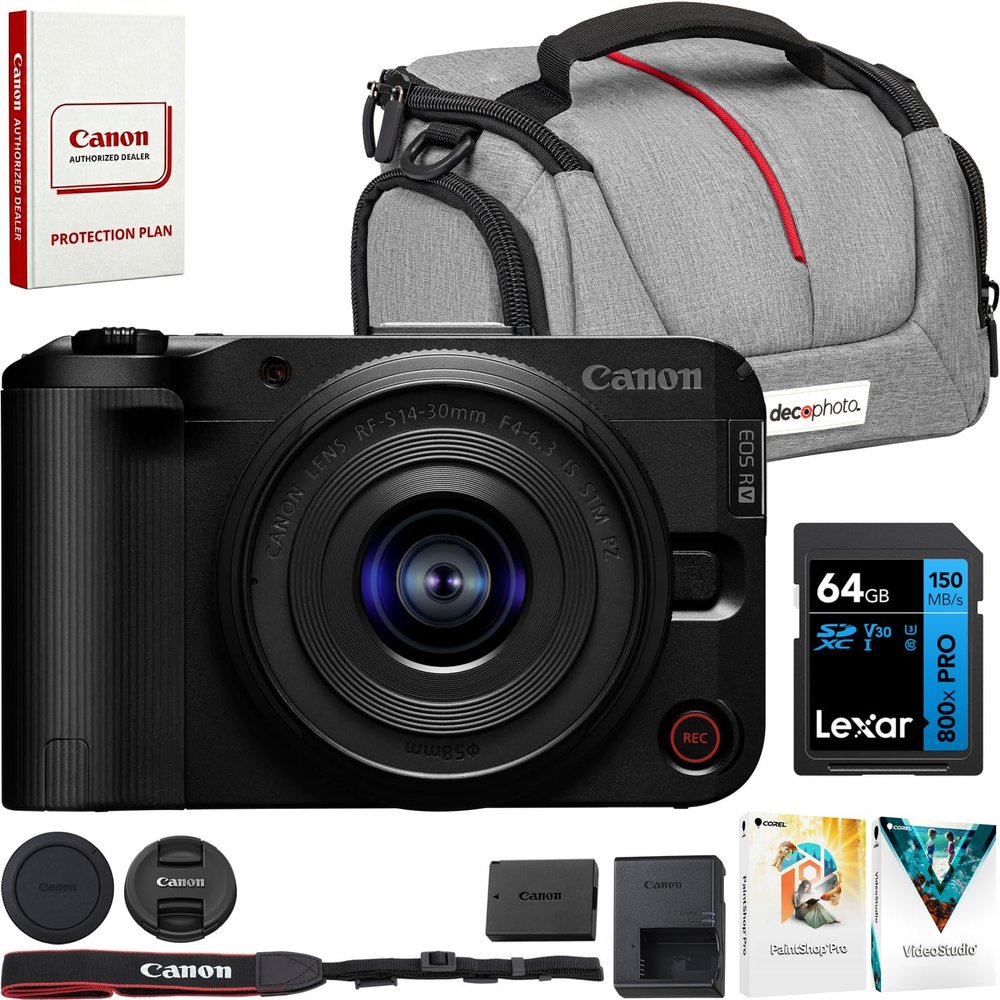Canon EOS R50 V Mirrorless Camera with RF S14-30mm F4-6.3 is STM PZ Lens Kit Bundle w/Lexar Premium PRO Blue Series 64GB SDXC Memory Card + Deco Essentials Camera Bag + Corel Photo Video Suite