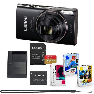 Canon PowerShot ELPH 360 HS A Digital Camera Bundle (Black) + Sandisk 128GB Extreme Micro SD Card & Photo/Video Editing Software Package (8 Items)