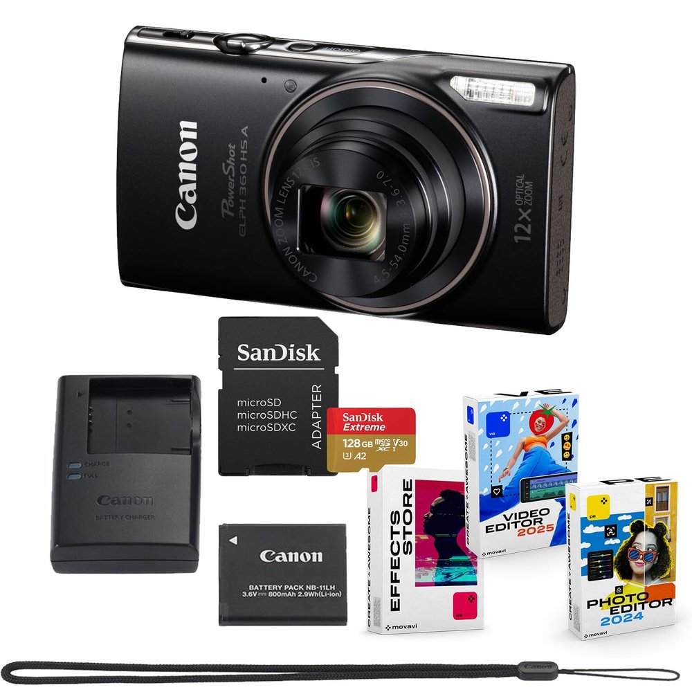 Canon PowerShot ELPH 360 HS A Digital Camera Bundle (Black) + Sandisk 128GB Extreme Micro SD Card & Photo/Video Editing Software Package (8 Items)