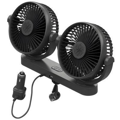 byepica 12V Cooling Fan with Twin Heads, Car Fan with 3 Speed Options, 360 Rotating USB Powered Fan for Trucks and Excavators