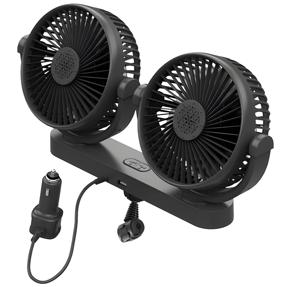 byepica 12V Cooling Fan with Twin Heads, Car Fan with 3 Speed Options, 360 Rotating USB Powered Fan for Trucks and Excavators