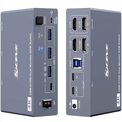 KVM Switch 2 Monitors 1 Desktop and 1 Laptop 4K@60Hz, 7-in-1 Dual Monitor KVM Switch Docking Station, Expand 2 HDMI Displays,4xUSB 3.0,PD 80W, Wired Remote and USB-C Cable Included