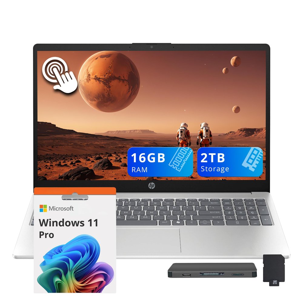 HP 15.6" FHD Touchscreen Laptop, Intel i5-1334U, 16GB RAM, 2TB Storage (1TB SSD+1TB Docking Station Set), Intel Graphics, Copilot, Number Pad, 720p Webcam, Wi-Fi 6, Win 11 Pro, Silver