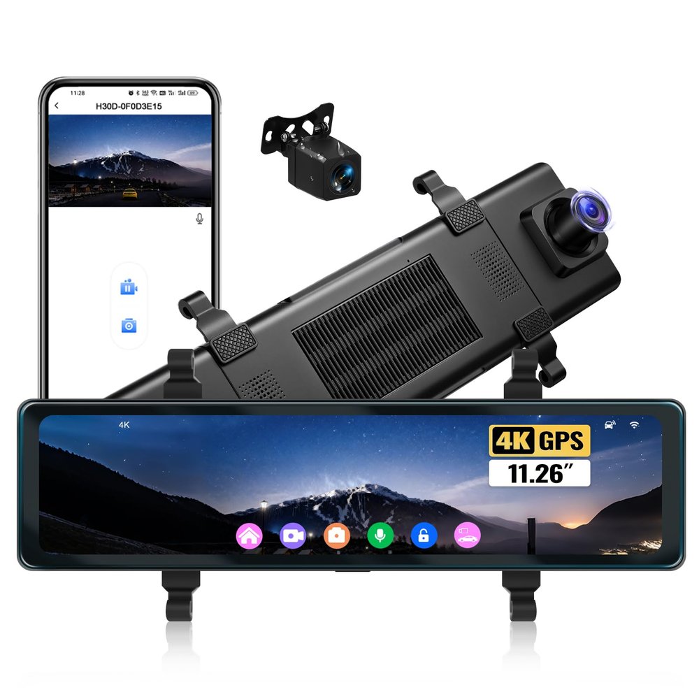 11.26 Inch 4K Mirror Dash Cam, 4K Front + 1080P Rear with BSD/ADAS/LCA, Built-in GPS, TS Format Loop Recording, G-Sensor, Multi-Language Universal Fit for All Cars