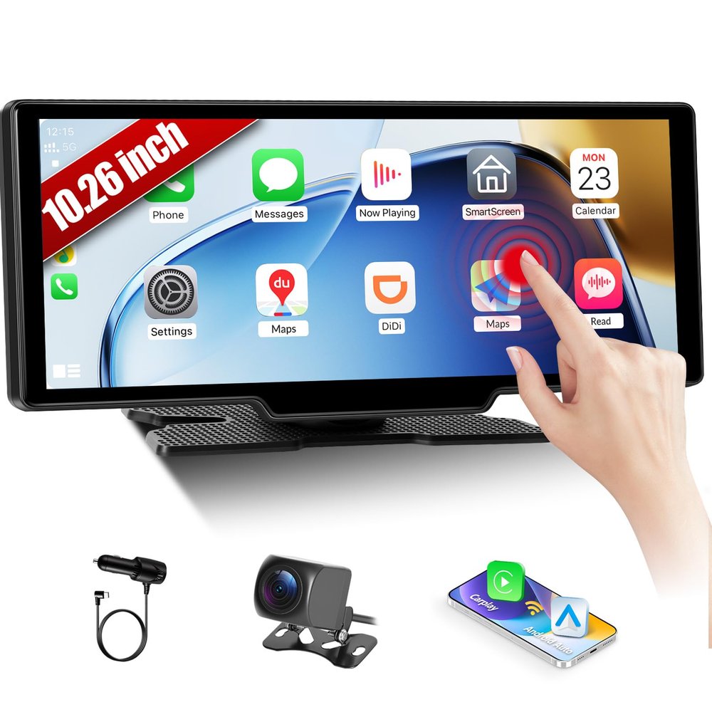 10.26" Wireless Portable Car Play Screen for CarPlay & Android Auto, 4K Backup Camera, Mirror Link, 5.0 Bluetooth, Voice Control, GPS Navigation, FM, Airplay, DVR for Cars Trucks Van
