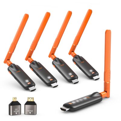 Wireless HDMI Transmitter and 4 Receivers, Gechtech 350FT/100M Long Range, 5.8G, 4K Decode 1080P HD Output, Stable HDMI Extender for PC Laptop Camera Cable Box to Multiple TVs Monitors Projectors