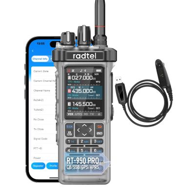 Radtel RT-950 PRO Ham Radio GPS/APRS, 10W Walkie Talkie Long Range Handheld Two Way Radio, SW/MW/LW RX, Bluetooth APP Programming, NOAA, Spectrum Analyzer,Transparente (with Programming Cable)