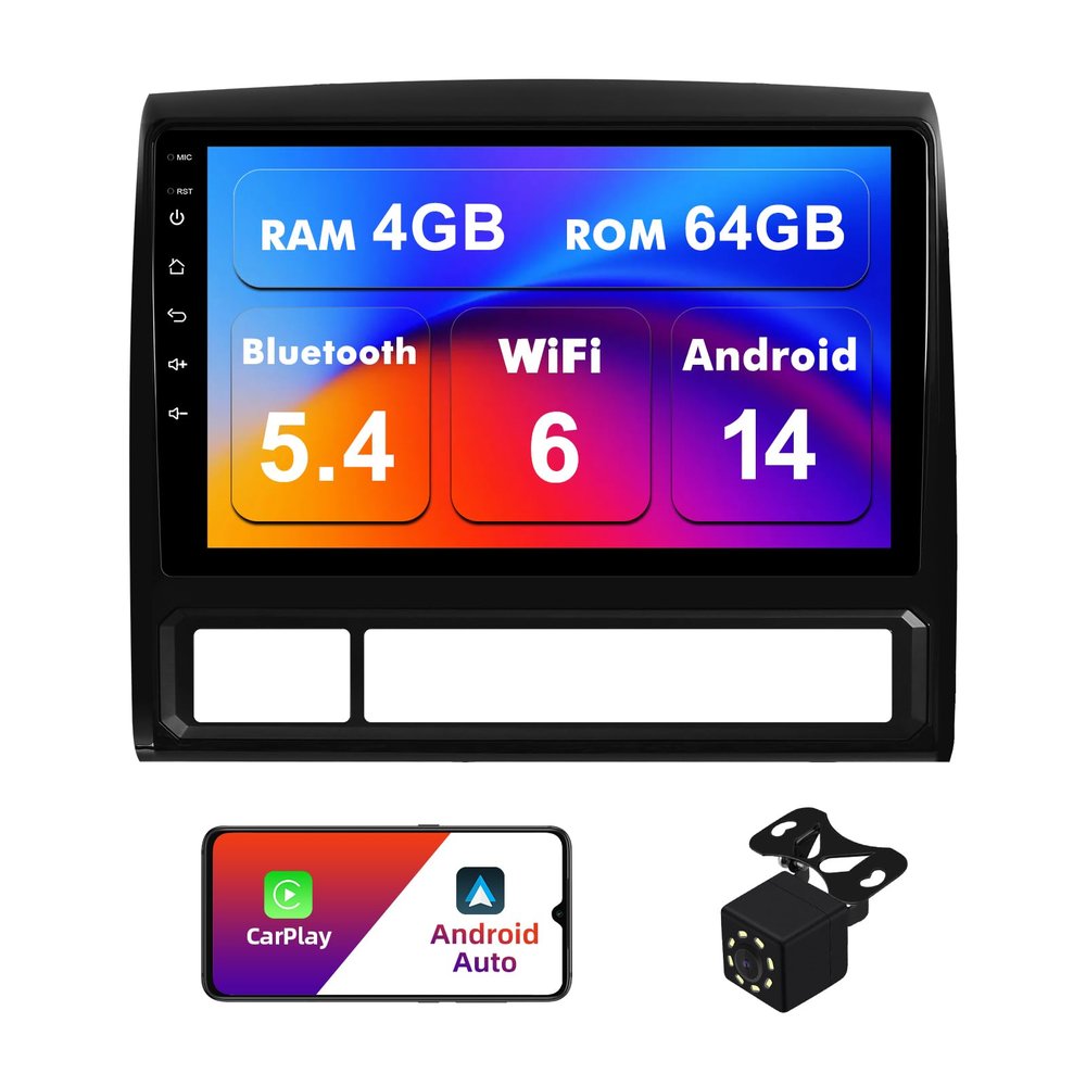 4+64G Android 14 Double Din Car Stereo for Toyota Tacoma 2005-2013 with 9 Inch Touchscreen Radio Built-in Wireless Carplay/Android Auto/GPS/Bluetooth/FM/AUX-in/Steering Wheel Controls/Backup Camera