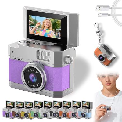 Thumb-Sized Flip Screen Mini Camera, Digital Retro CCD High-Definition Portable, Retro Digital Camera Flip Screen, 180 Flips Screens, Multi-Style Beauty Filters, for Travel Party (Purple)