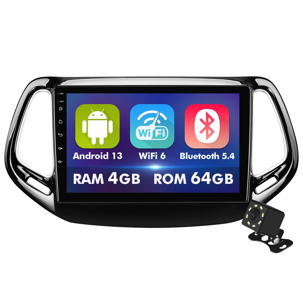 10.1 Inch IPS Touchscreen Android 14 Car Stereo for Jeep Compass 2 MP 2017-2019 with Wireless CarPlay & Android Auto 4+64GB Car Radio, Support GPS, WiFi 6, Bluetooth,5.4, Backup Camera, SWC, Dual USB