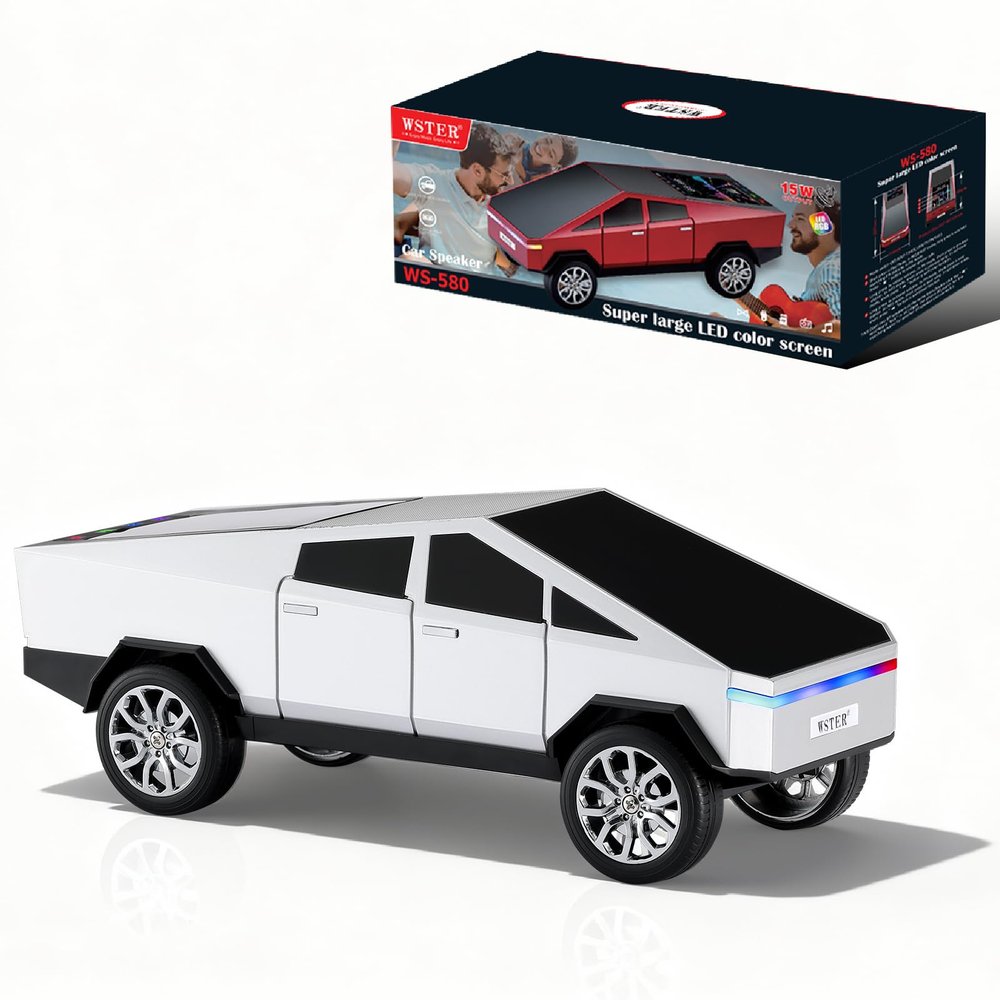 Futuristic Truck Bluetooth Replica Speaker with LED Display Screen Portable Future-Style Audio with TWS Link, FM Radio, LED Lighting and Built-in Mic, For Every Technology and Truck Lover (Silver)