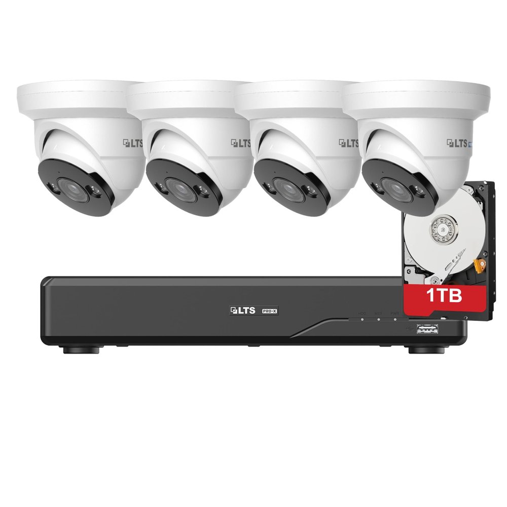 LTS Pro-X 4ch IP Kit LXN7104-P4 with 1TB HDD + LXIP1182WE-28MDA, 4-ch NVR + 8MP Turret IP Cameras (4 Cameras)
