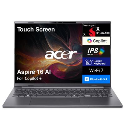Acer Aspire 16 AI Copilot + Laptop 16" Touchscreen IPS WUXGA Display (Qualcomm Snapdragon X X1-26-100, 16GB LPDDR5X, 2TB PCIe SSD, Qualcomm Adreno, Backlit KB, WiFi 7 + BT 5.4, 1440p Webcam, Win11Pro)