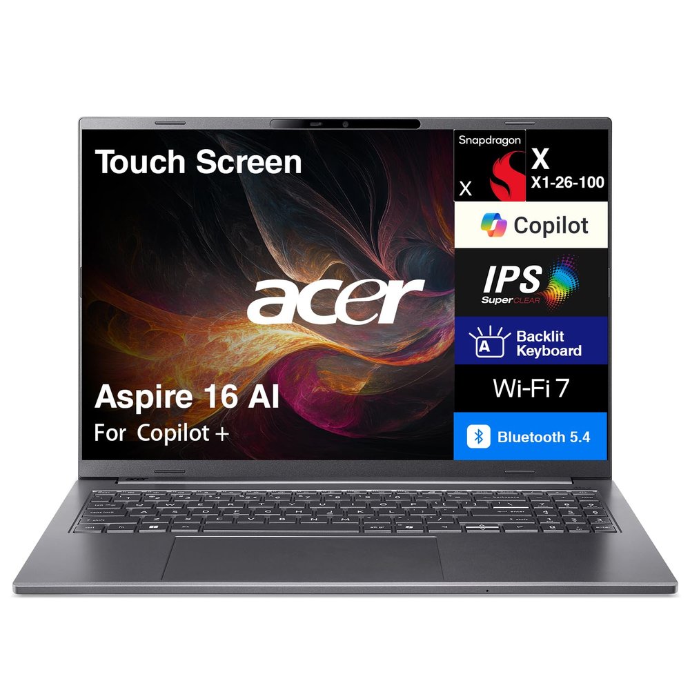 Acer Aspire 16 AI Copilot + Laptop 16" Touchscreen IPS WUXGA Display (Qualcomm Snapdragon X X1-26-100, 16GB LPDDR5X, 2TB PCIe SSD, Qualcomm Adreno, Backlit KB, WiFi 7 + BT 5.4, 1440p Webcam, Win11Pro)