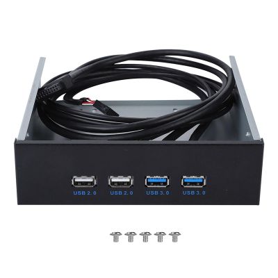 5.25 Inch 19 Pin/9Pin to USB 3.0 USB 2.0 4 Port Metal Optical Drive Bay, 3.5 USB Hub Front Panel with 2xUSB3.0 and 2xUSB2.0 Ports, High Speed Data Transfer for PC Desktop