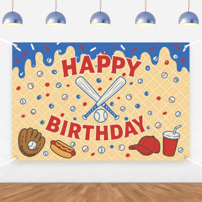 Baseball Happy Birthday Backdrop Ice Cream Drip Baseball Backdrop Banner Blue for Boys Girls Sports Theme Birthday Party Decors Supplies Photo Booth Props 5 * 3ft