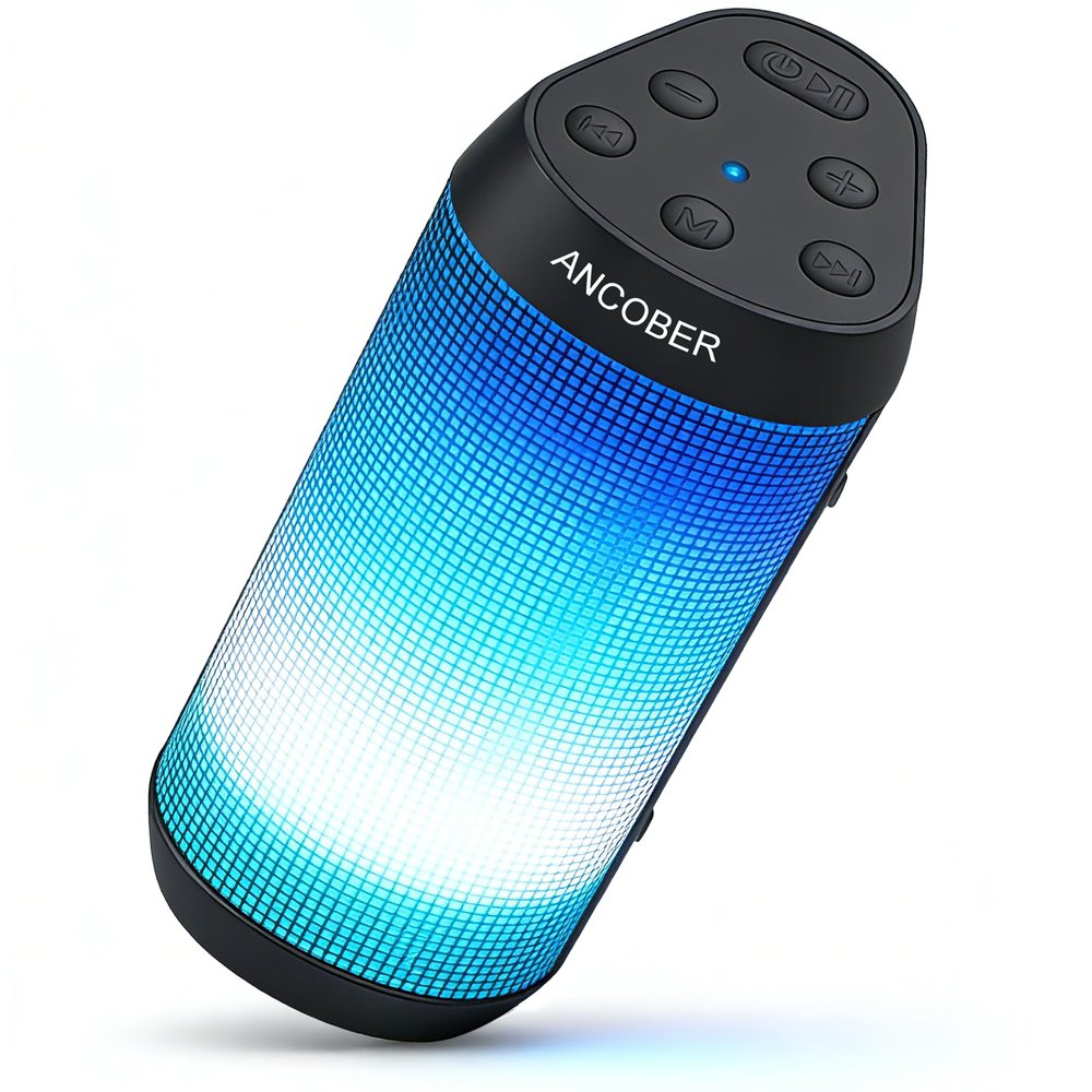 ANCOBER Portable Wireless Bluetooth Speaker with HD Powerful Stereo Sound, 8 Cool LED Light Modes, IPX4 Waterproof, 30H Playtime, TWS Pairing, BT5.3 with AUX-in, for Outdoor/Home/Party, Ideal Gift