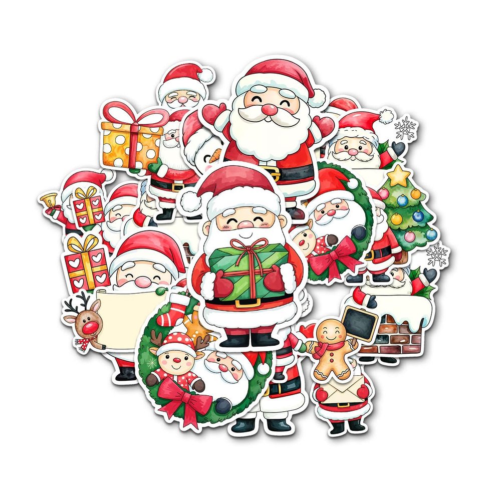 12pcs Santa Stickers Pack for Christmas Lovers, Kids Holiday Fans Cute Santa Claus Snowman Reindeer & Gift Vinyl Decals for Water Bottles Laptops Notebooks and Xmas Season Accessories 2 Inches