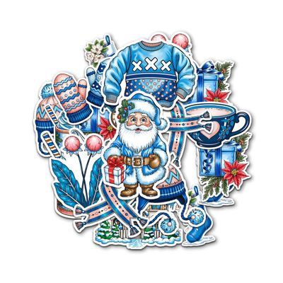 12pcs Blue Christmas Stickers Pack for Winter Lovers Kids Holiday Fans  Blue Santa Snowy House Mittens Sweater & Hot Cocoa Vinyl Decals for Water Bottles Laptops Notebooks and Xmas Gifts 6 Inches