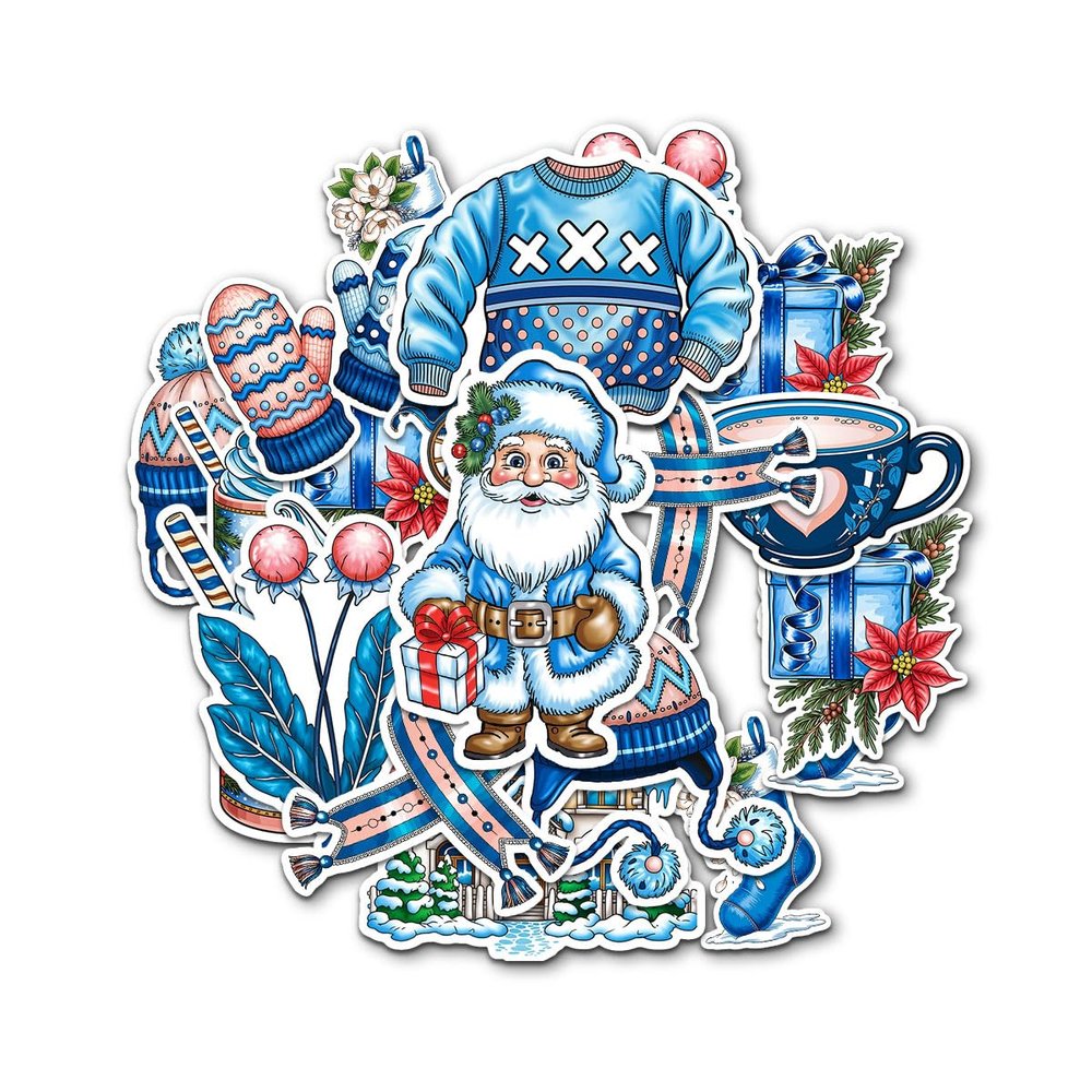 12pcs Blue Christmas Stickers Pack for Winter Lovers Kids Holiday Fans Blue Santa Snowy House Mittens Sweater & Hot Cocoa Vinyl Decals for Water Bottles Laptops Notebooks and Xmas Gifts 6 Inches