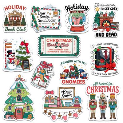 12pcs Christmas Book Club Stickers Pack for Readers, Holiday Book Lovers Cozy Reading Fans Cute Festive Library, Gnomes, Fireplace & Bookish Christmas Vinyl Decals for Water Bottle, Laptop 2 Inches