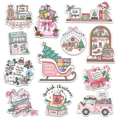 12pcs Christmas Bookish Stickers Pack for Cozy Readers, Holiday Book Lovers Library Fans  Cute Festive Reading, Bookstore, Winter Decor & Book Delivery Vinyl Decals for Water Bottle, Laptop 5 Inches