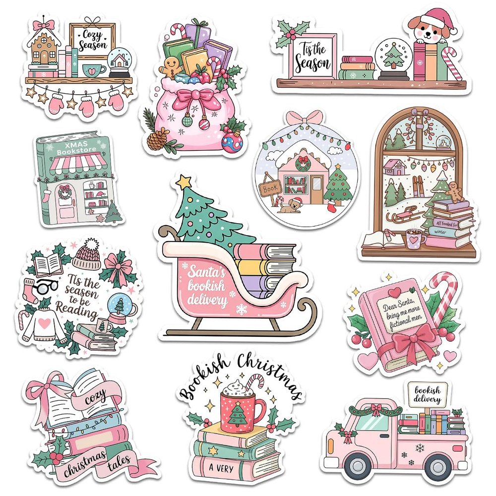 12pcs Christmas Bookish Stickers Pack for Cozy Readers, Holiday Book Lovers Library Fans  Cute Festive Reading, Bookstore, Winter Decor & Book Delivery Vinyl Decals for Water Bottle, Laptop 5 Inches
