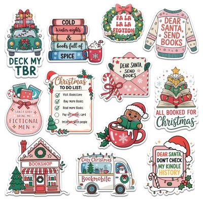12pcs Christmas Book Lover Stickers Pack For Readers, Teens Holiday Fans Cozy Bookshop, Bookmobile, TBR Jokes, Reading Humor & Festive Book Art Vinyl Decals For Water Bottle, Laptop, Notebook 7 Inches
