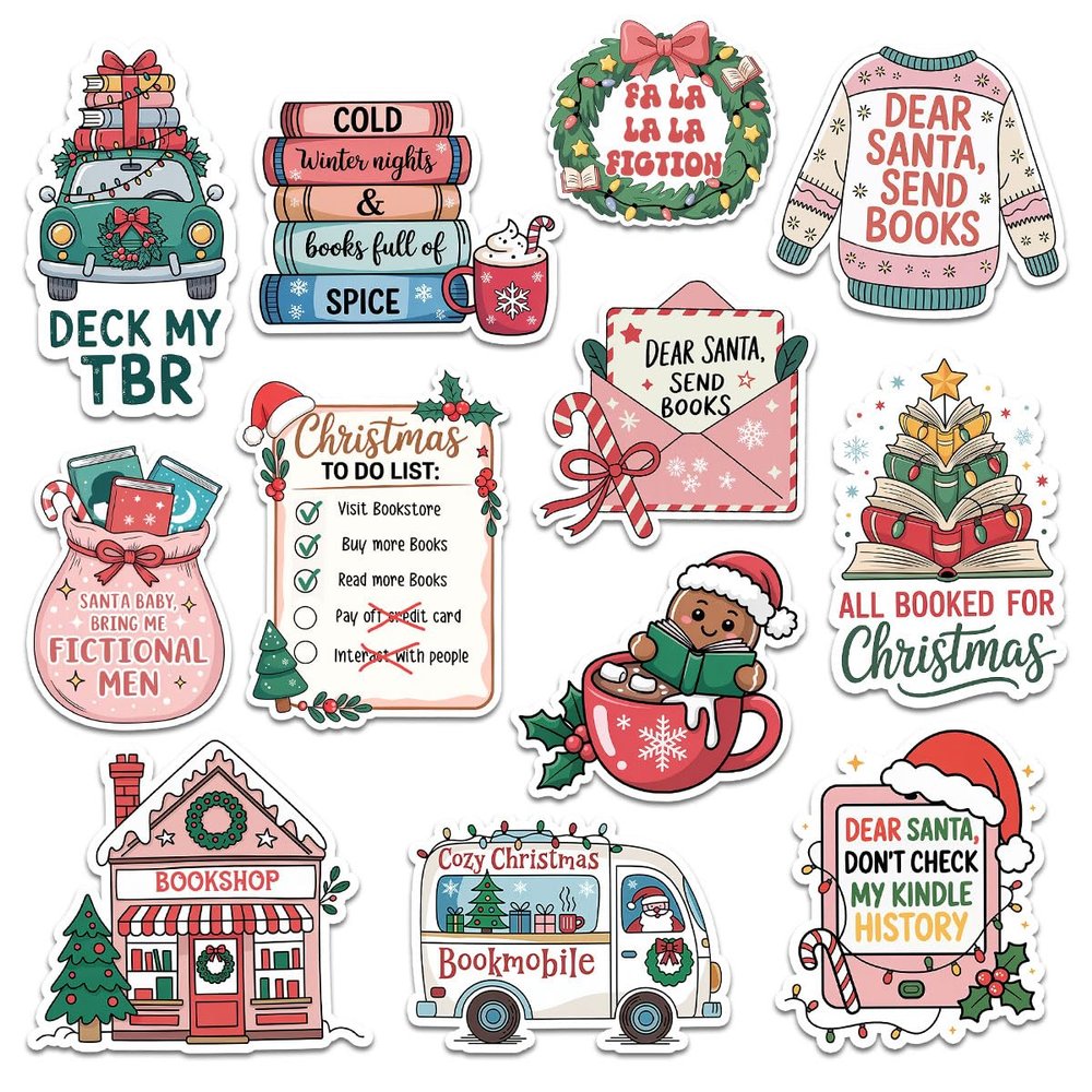 12pcs Christmas Book Lover Stickers Pack For Readers, Teens Holiday Fans Cozy Bookshop, Bookmobile, TBR Jokes, Reading Humor & Festive Book Art Vinyl Decals For Water Bottle, Laptop, Notebook 7 Inches
