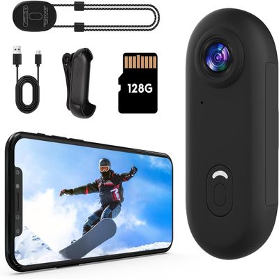 4K Mini Action Camera, Black, Thumb-Size Body Camera with Spring Clip Mount, 128GB Storage, App Control, Portable POV Recording for Sports, Vlogging, Cycling