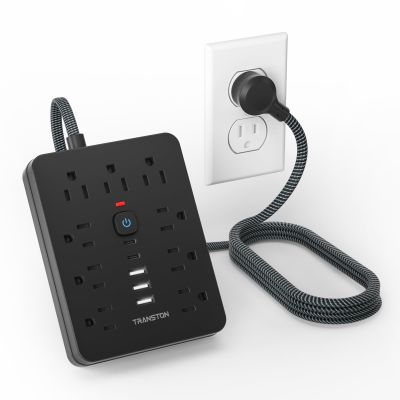 Power Strip Surge Protector with 9 Ac Outlets,3 USB & 2 Type-C,5ft Cable,Weaving Thread,45 tilt Plug,Black