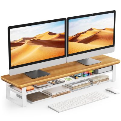 NestNeat Dual Monitor Stand, 35.4 Inch Monitor Stand Riser for 2 Monitors, 2 Tiers Wood Desk Shelf with Storage, Desktop Organizer Stand for Computer, Laptop, Printer, TV (Cherry Wood, 35.4in)