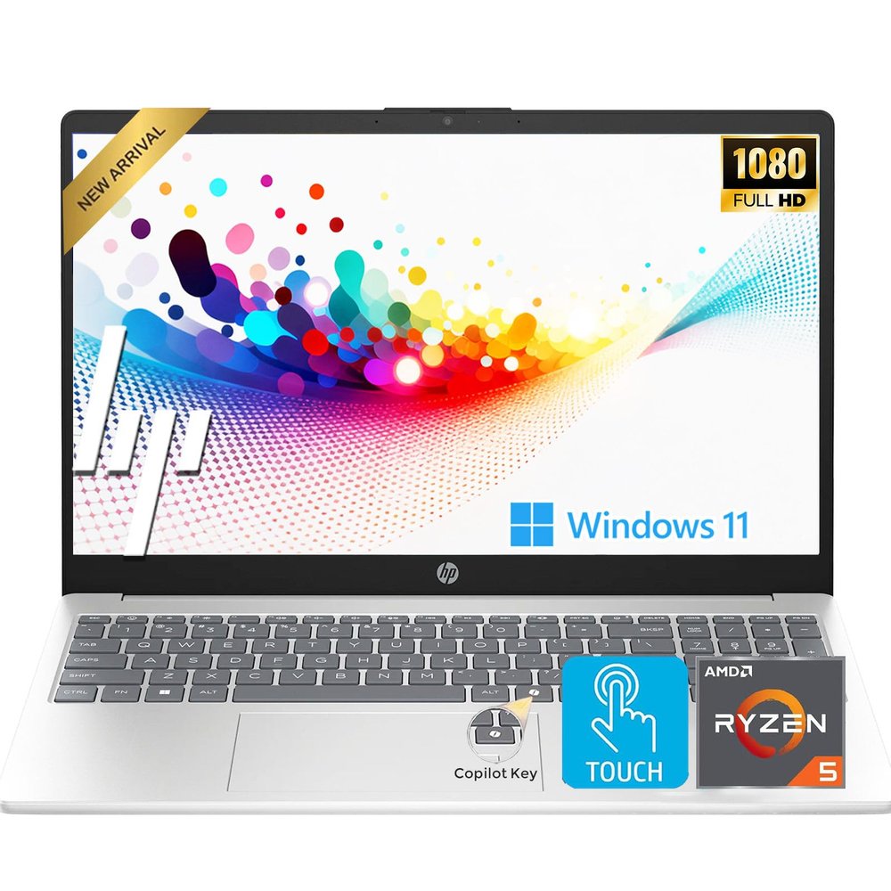 HP Touchscreen 15.6" FHD Business Laptop Computer | 2026 Edition | AMD Ryzen 5 (Up to 4.3GHz) | 8GB DDR5 RAM, 512GB PCIe SSD | AI Copilot Key | Windows 11 with Office 365 for The Web  w/o Mouse