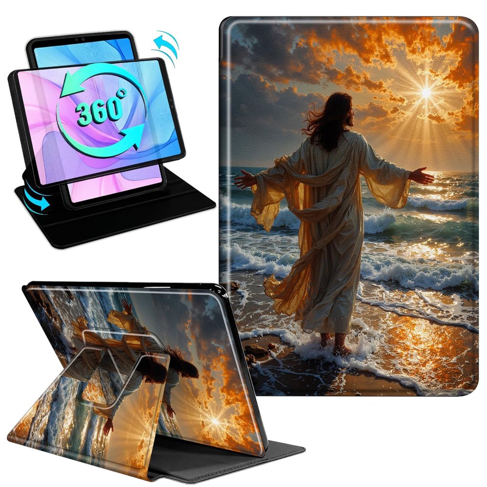 Gmeyutqy Case for 6.8" Kindle Paperwhite 11th Generation 2021 & Signature Edition, 360 Degree Rotating Swivel Stand Flip Cover with Auto Sleep/Wake, Beach Sunrise